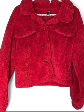 SHEIN Red Faux Fur Button-Up Jacket